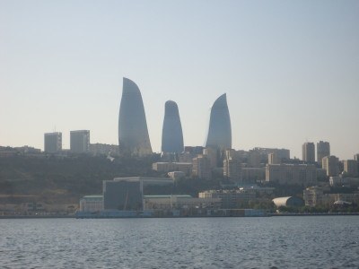 Baku's iconic Flame Towers hat-trick as viewed from our cruise on the Caspian Sea.